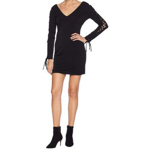 BEBE V-NECK FIT MIDI LACING DRESS